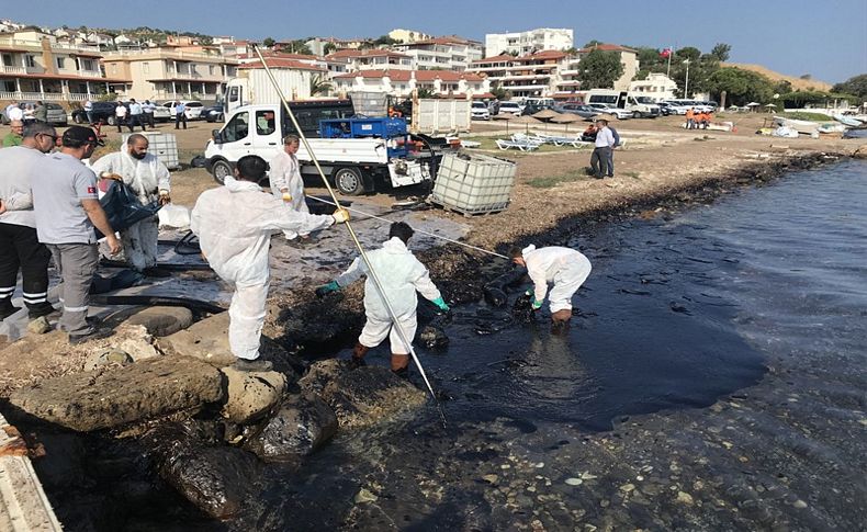 Foça'da denize sızan petrolü temizleme çalışmaları sürüyor