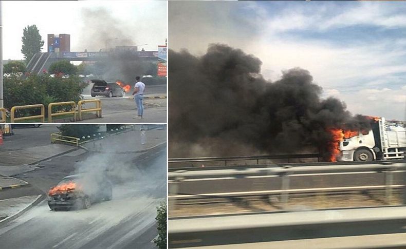 İzmir'de bir kamyon ve bir otomobil alev alev yandı