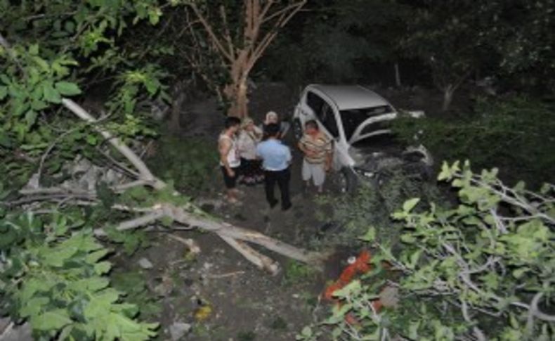 İzmir'de otomobil 10 metreden bahçeye uçtu