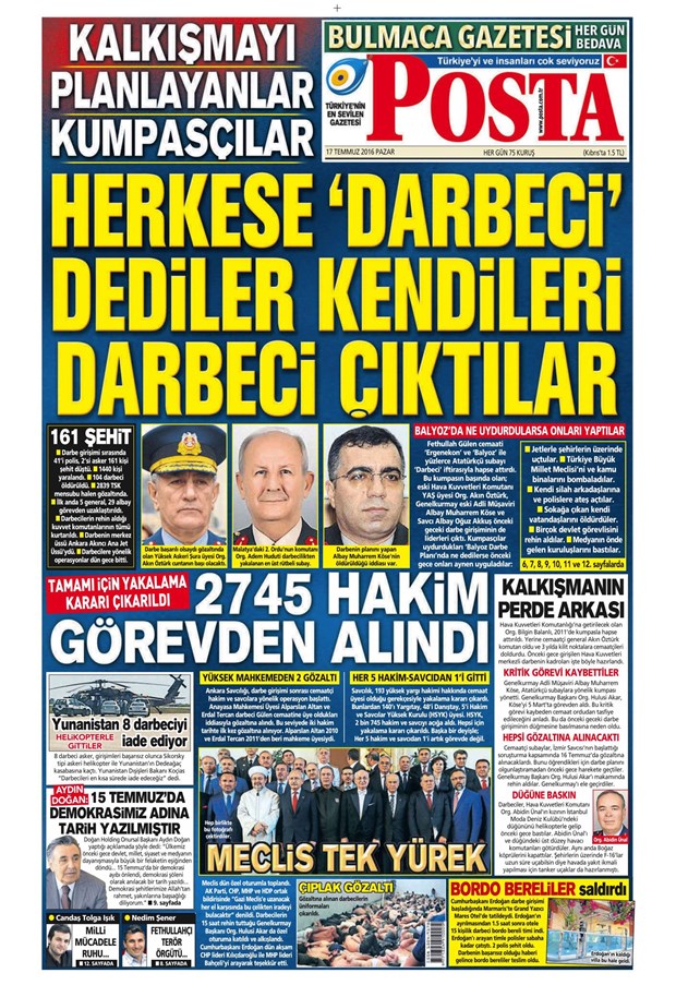 17.07.2016 Günün gazete manşetleri