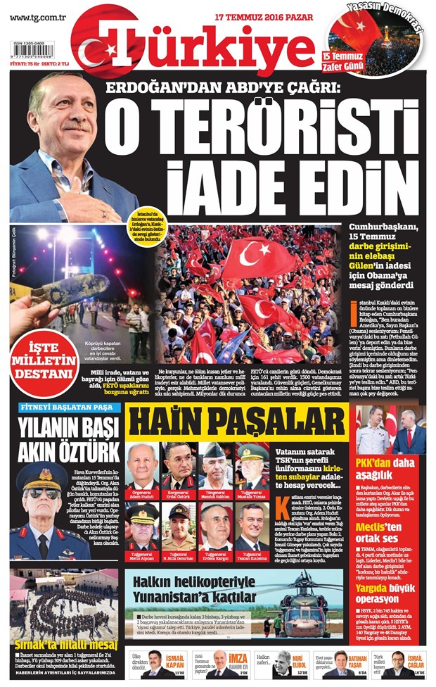 17.07.2016 Günün gazete manşetleri