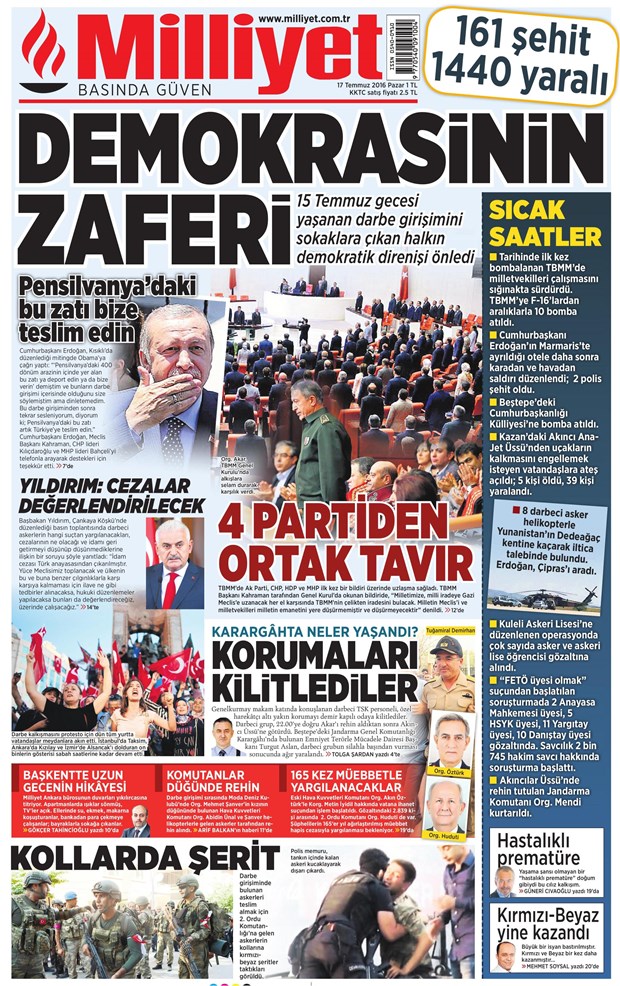 17.07.2016 Günün gazete manşetleri