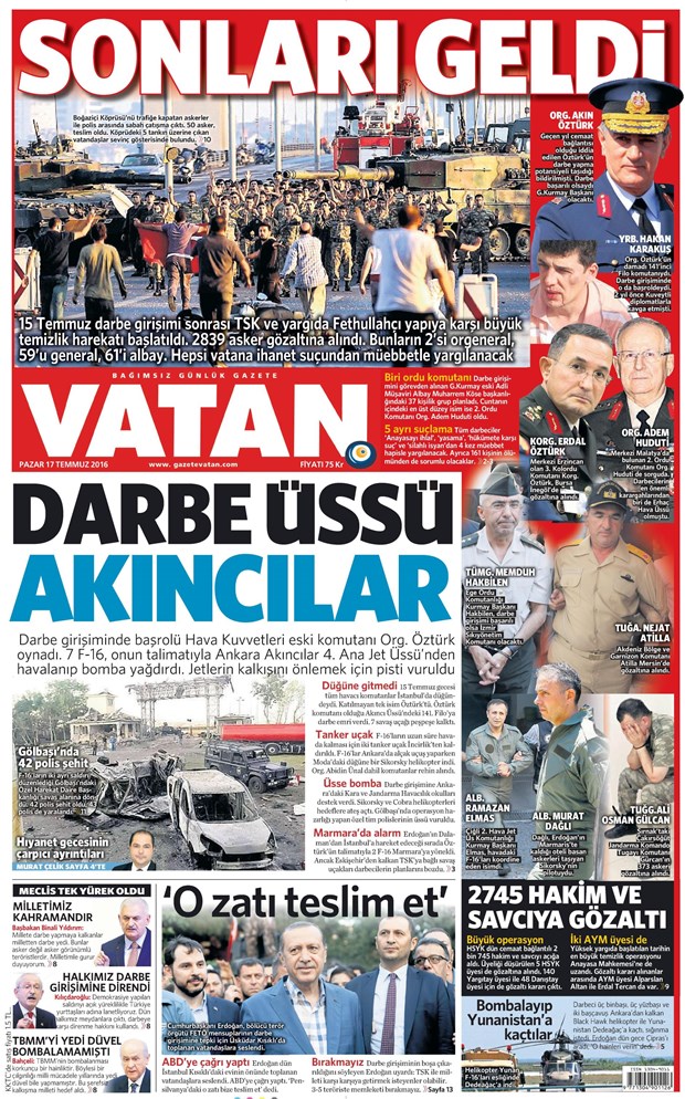 17.07.2016 Günün gazete manşetleri