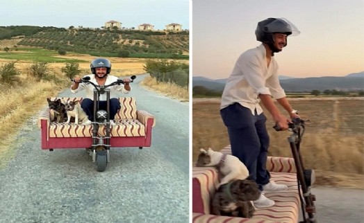 Köpekleri için skuterine koltuk monte etti!