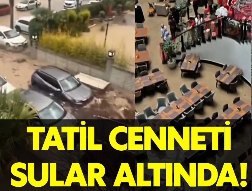 Tatil cenneti sular altında! Sel araçları sürükledi