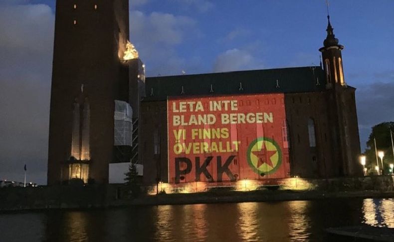'Terör örgütü PKK'nın görselleri İsveç'te binalara yansıtıldı'