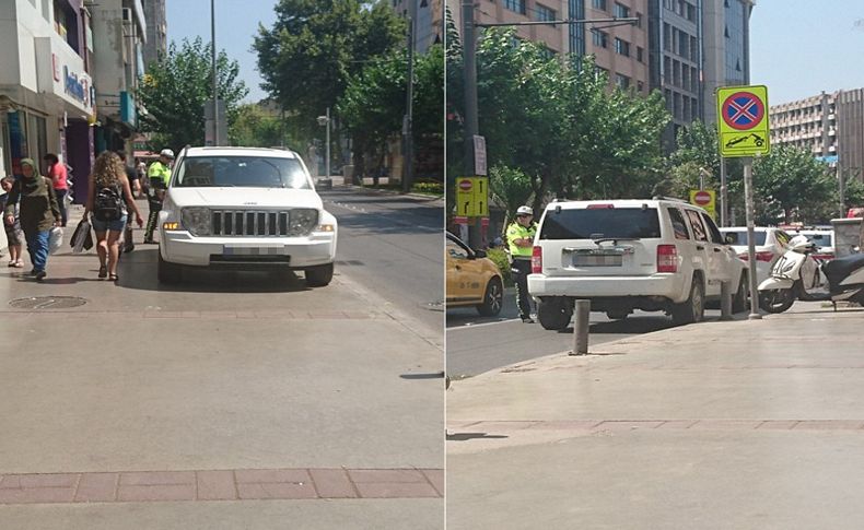 Bu kadarına da pes! Kadın sürücü polisin gözü önünde kaldırıma park etti