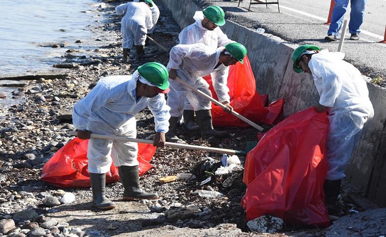 Foça'da kıyılara bulaşan petrol atığını 50 kişilik ekip temizliyor