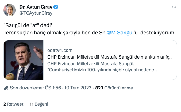 CHP Erzincan Milletvekili Mustafa Sarıgül mahkumlar için af istedi