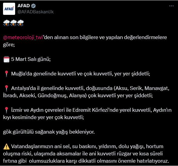 AFAD'dan İzmir'e sarı kodlu uyarı!