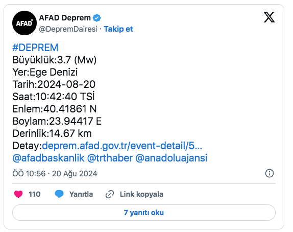 Ege Denizi'nde deprem