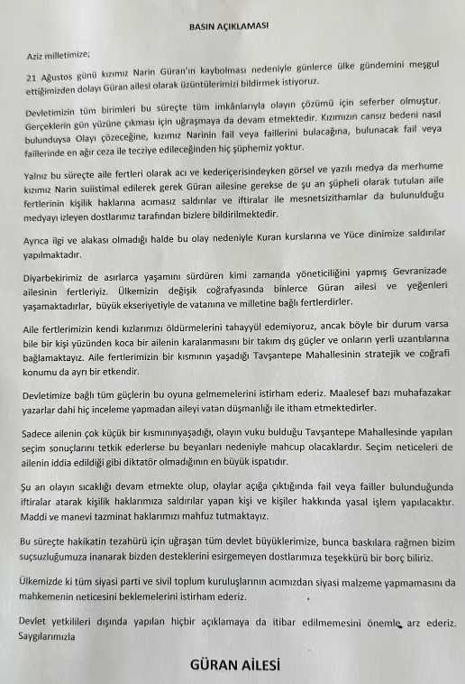 Narin'in ailesinden basın açıklaması! 'Dış güçlere' bağladılar
