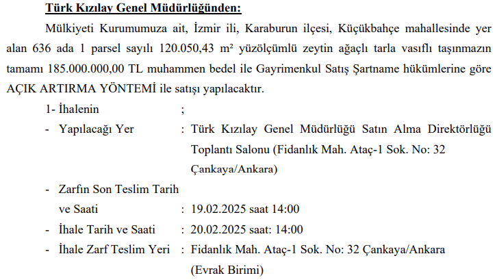 Kızılay 185 milyon değerindeki arsayı tekrar satışa çıkardı: